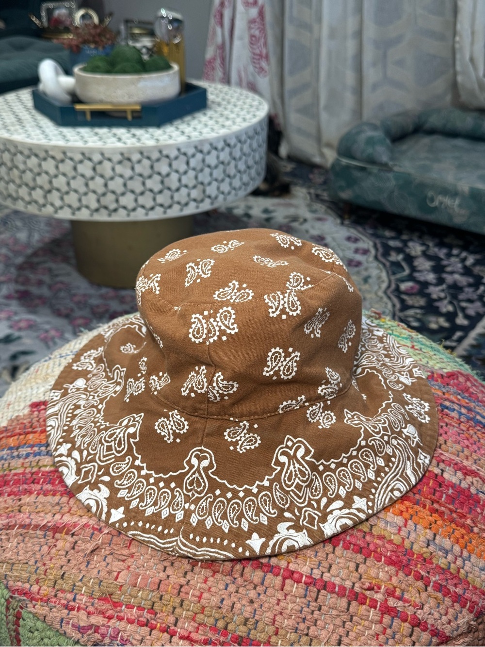 Free People REVERSIBLE Chocolate Brown/Tan Bandana-Print Bucket Hat